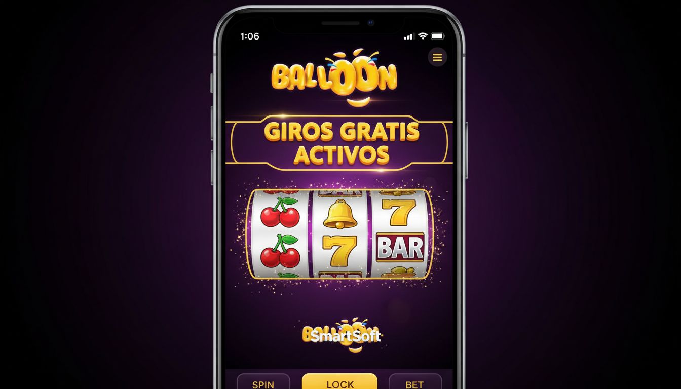  Imagen que muestra los Free Spins al entrar como nuevo usuario de Balloon de SmartSoft, simbolizado con pantalla móvil y brillo.  Imagen que muestra los Free Spins al entrar como nuevo usuario de Balloon de SmartSoft, simbolizado con pantalla móvil y brillo. 